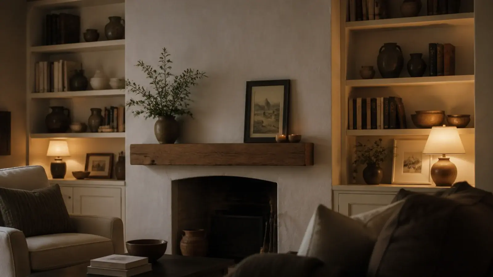 Matching built in shelves in the alcoves beside a small living room chimney