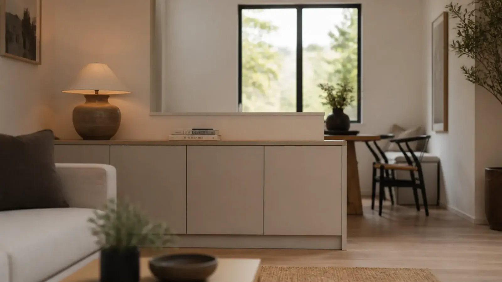 Half height built in cabinets dividing a small living room without blocking light