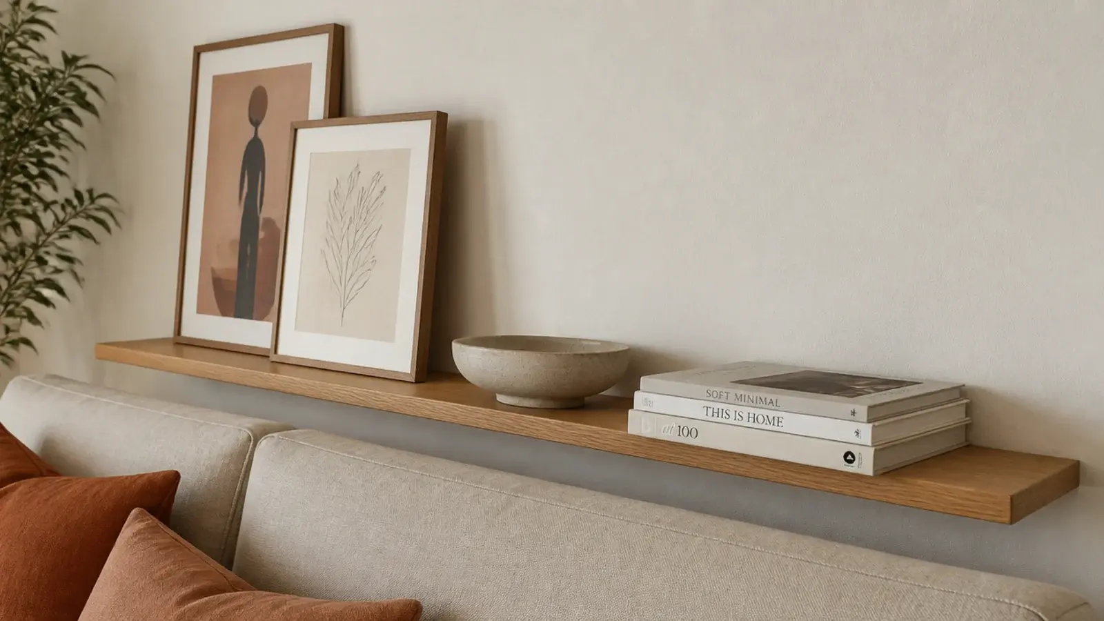 One long built in shelf mounted above the back of a linen sofa