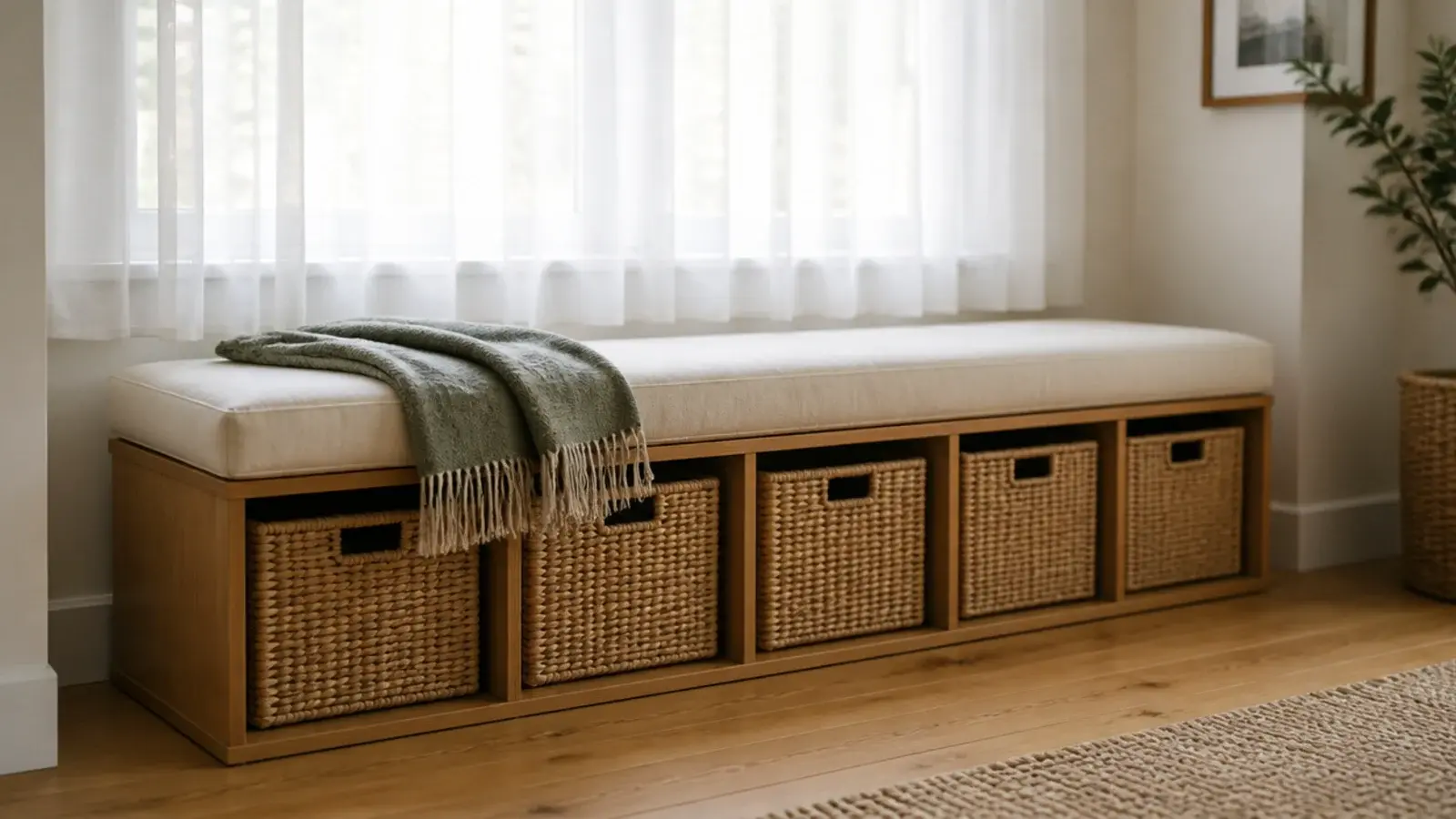Under window bench with built in cubbies and baskets in a small living room