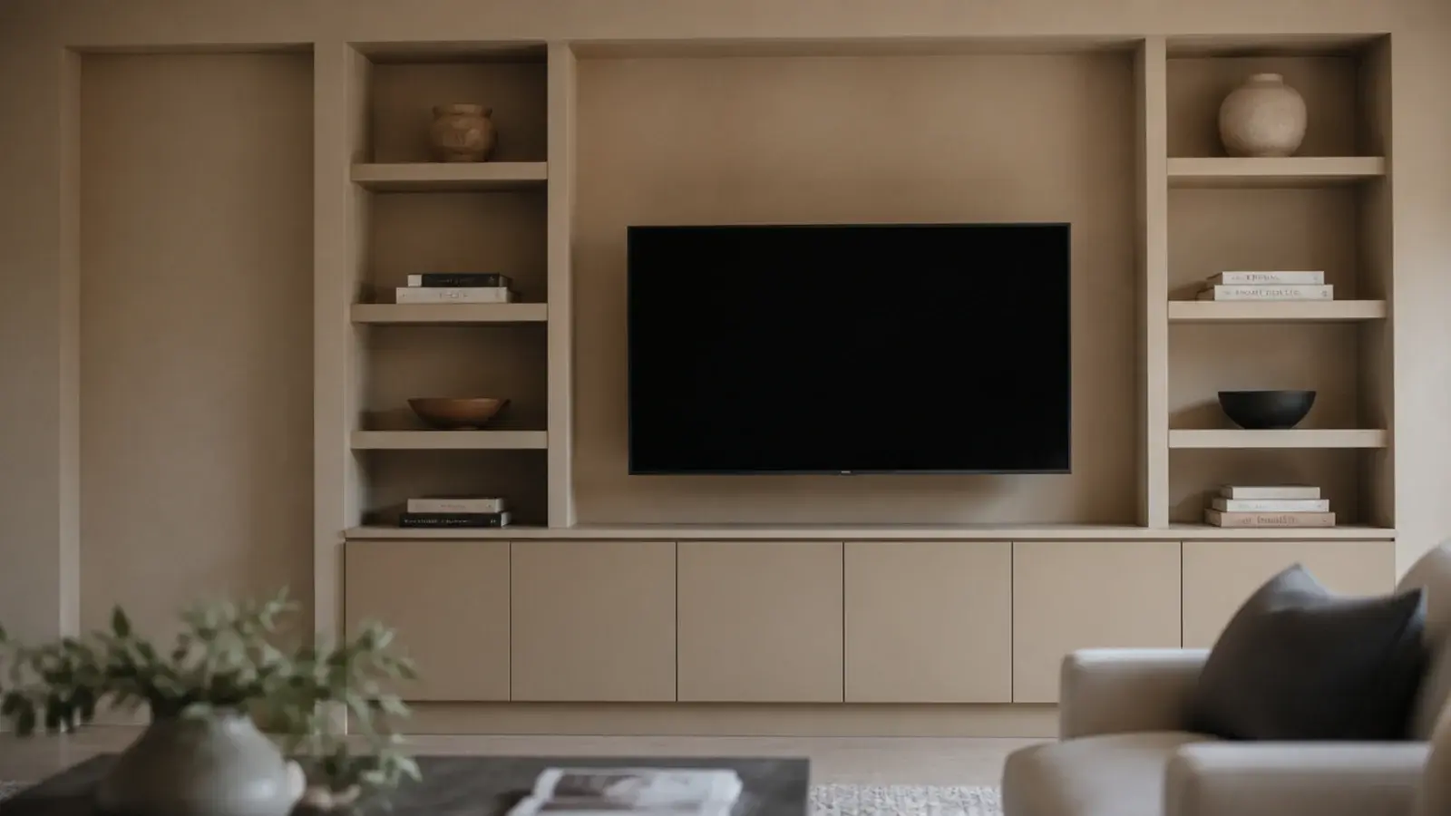 Compact built in TV wall with shelves stepping back in a small living room
