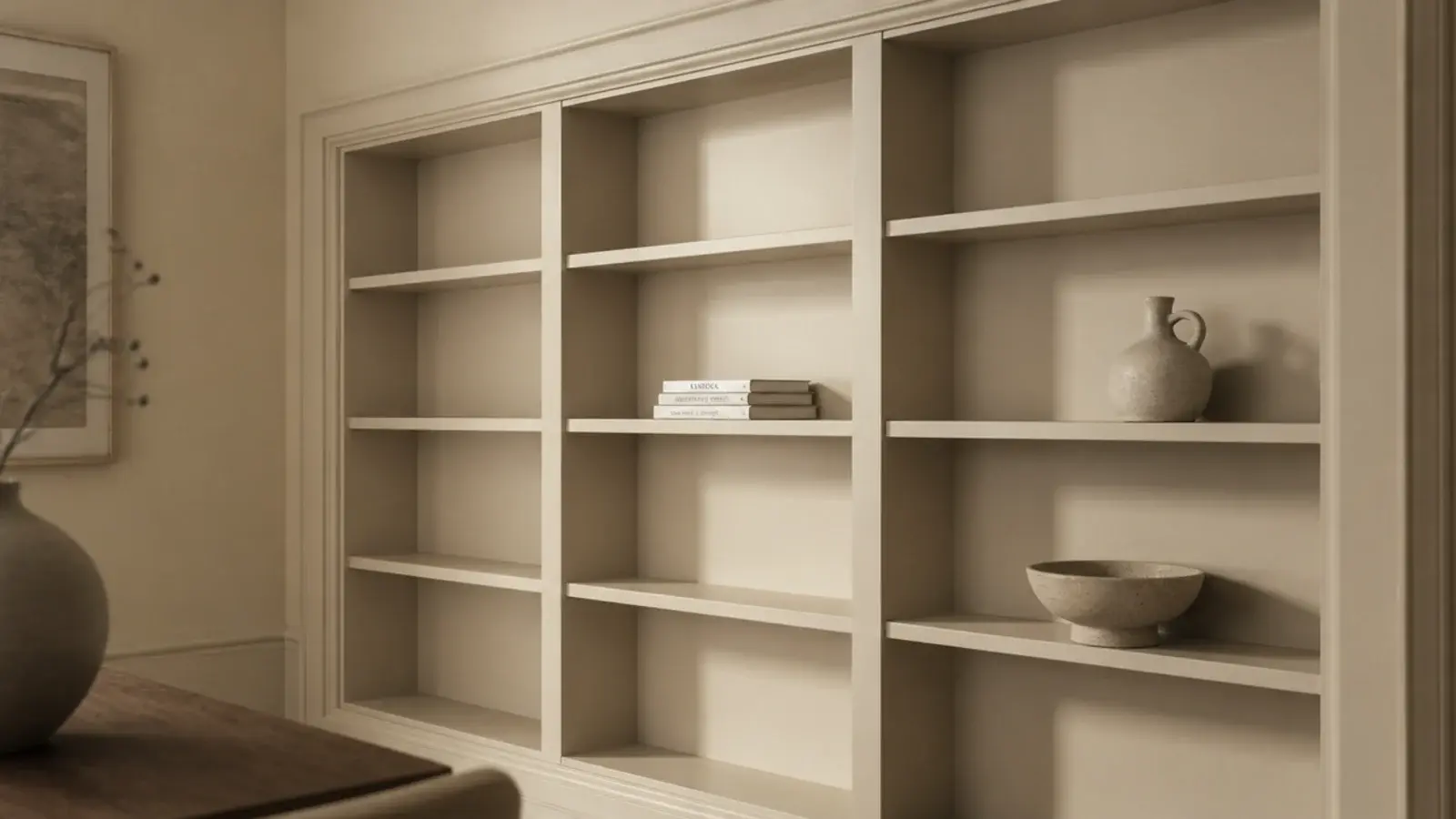 Built in shelves painted the same cream as the surrounding small living room wall