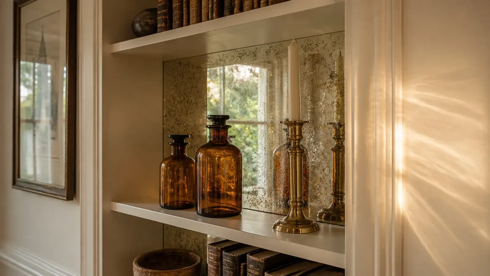 Mirror backed built in shelf bay reflecting daylight in a small living room