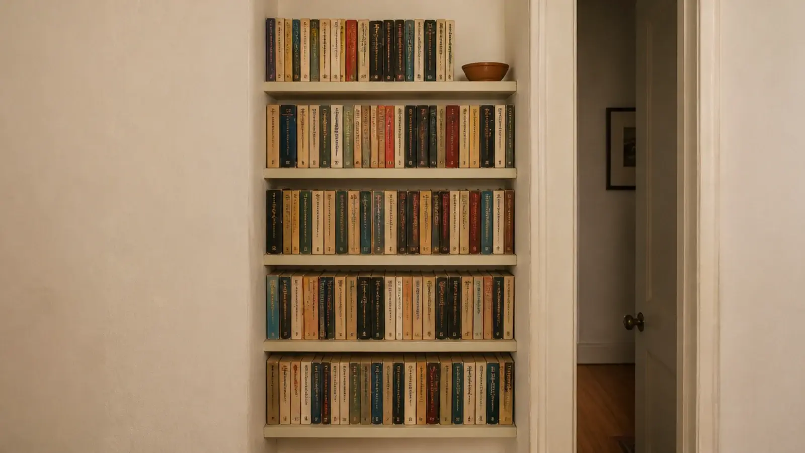 Narrow six inch built in shelves packed with paperbacks on a tight wall