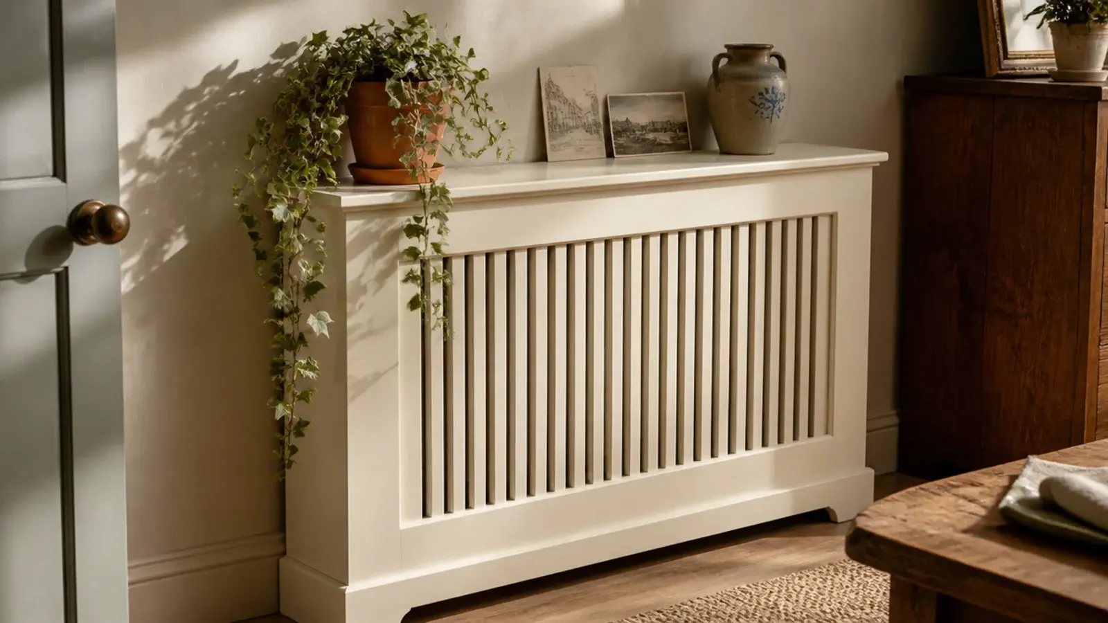 Radiator cover with a built in shelf top in a small living room