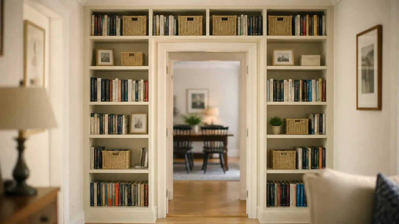 Built in shelves wrapping around a doorway in a small living room wall