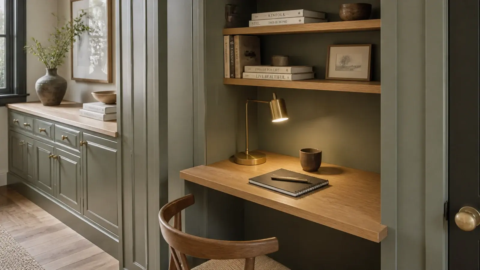 Small desk nook built into the end bay of living room shelves