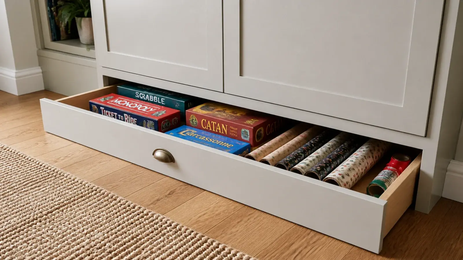 Toe kick drawer pulled open beneath built in shelves in a small living room