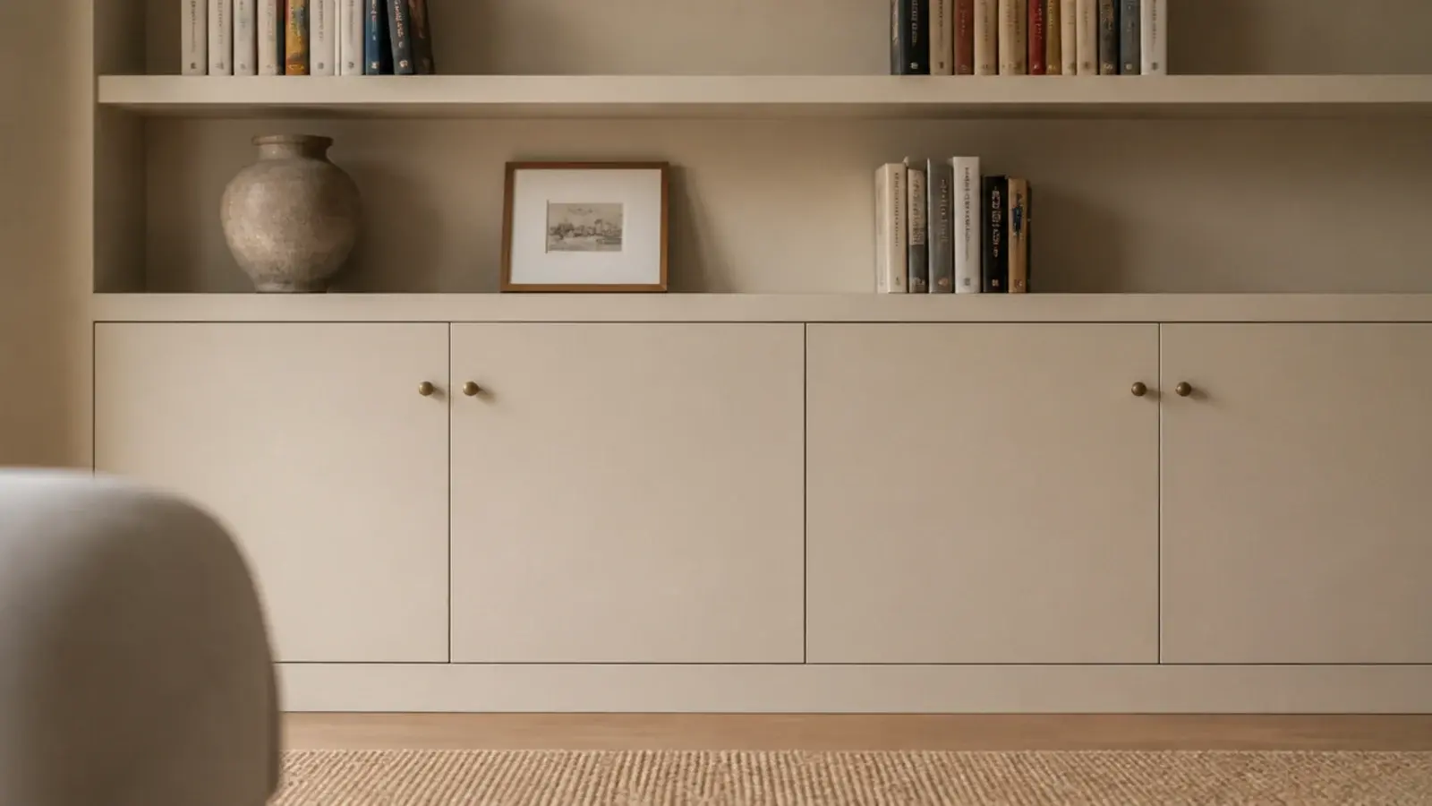 Closed base cabinets under open built in shelves in a small living room