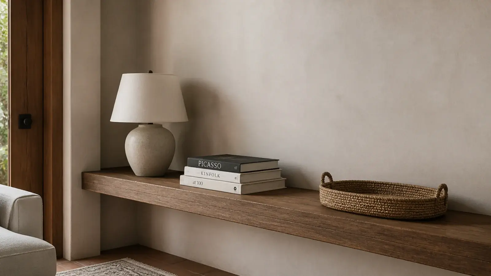 Single deep built in shelf on a short small living room wall