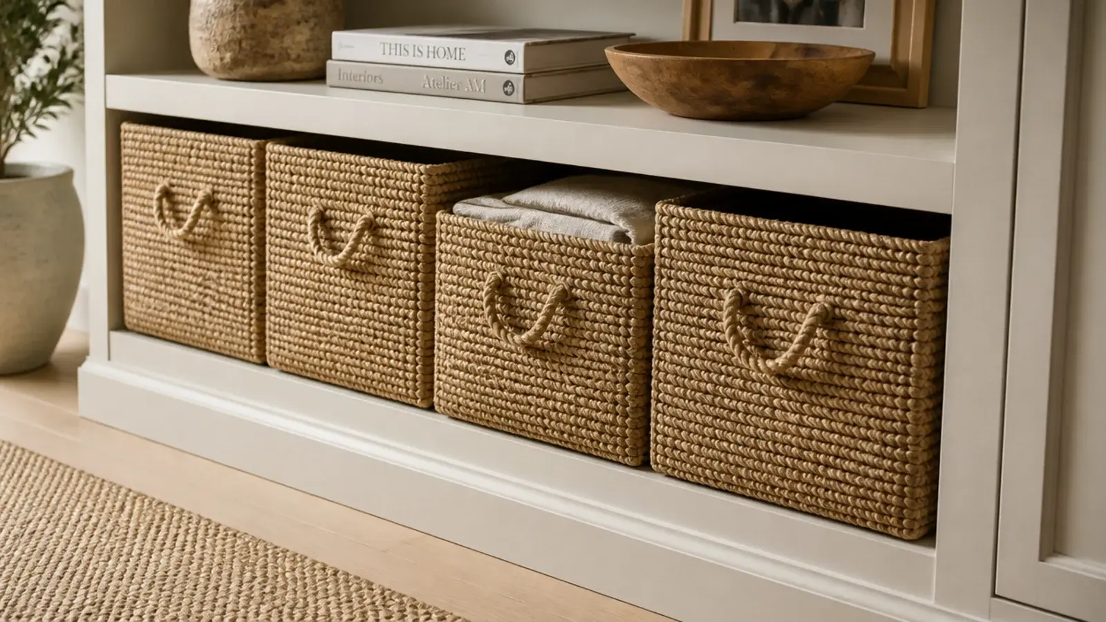 Jute baskets sized exactly to the built in shelf bays in a small room