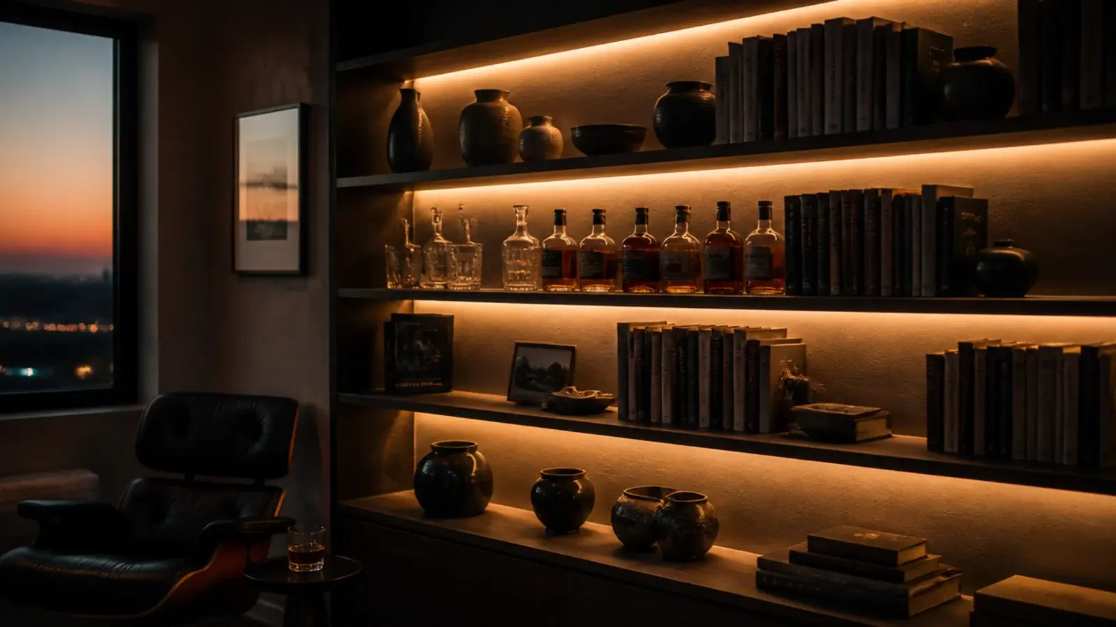Warm hidden lighting inside built in shelves in a small living room at dusk