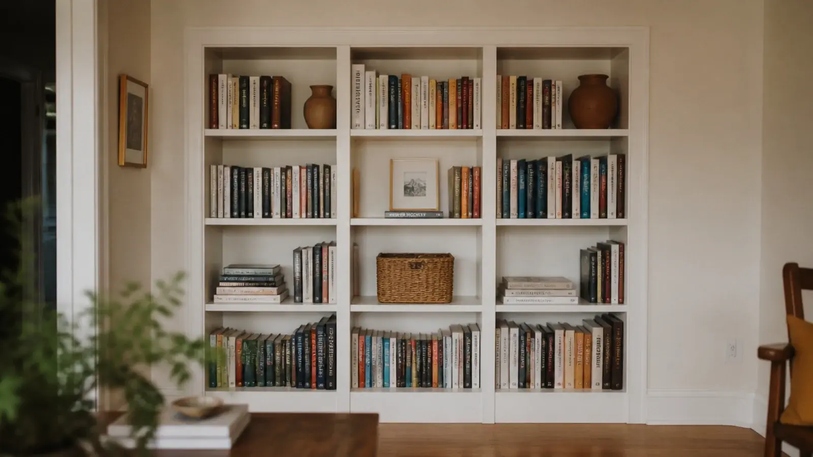 Stock bookcases trimmed into an alcove to fake built in shelves for renters