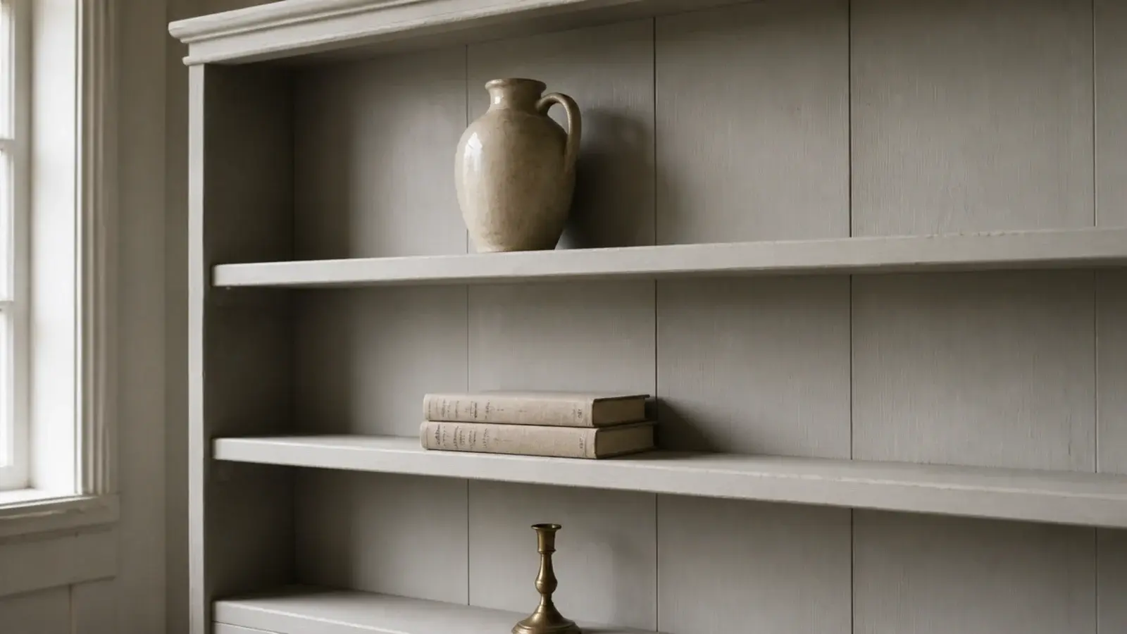 Sparse styled built in shelf with three objects in a small living room