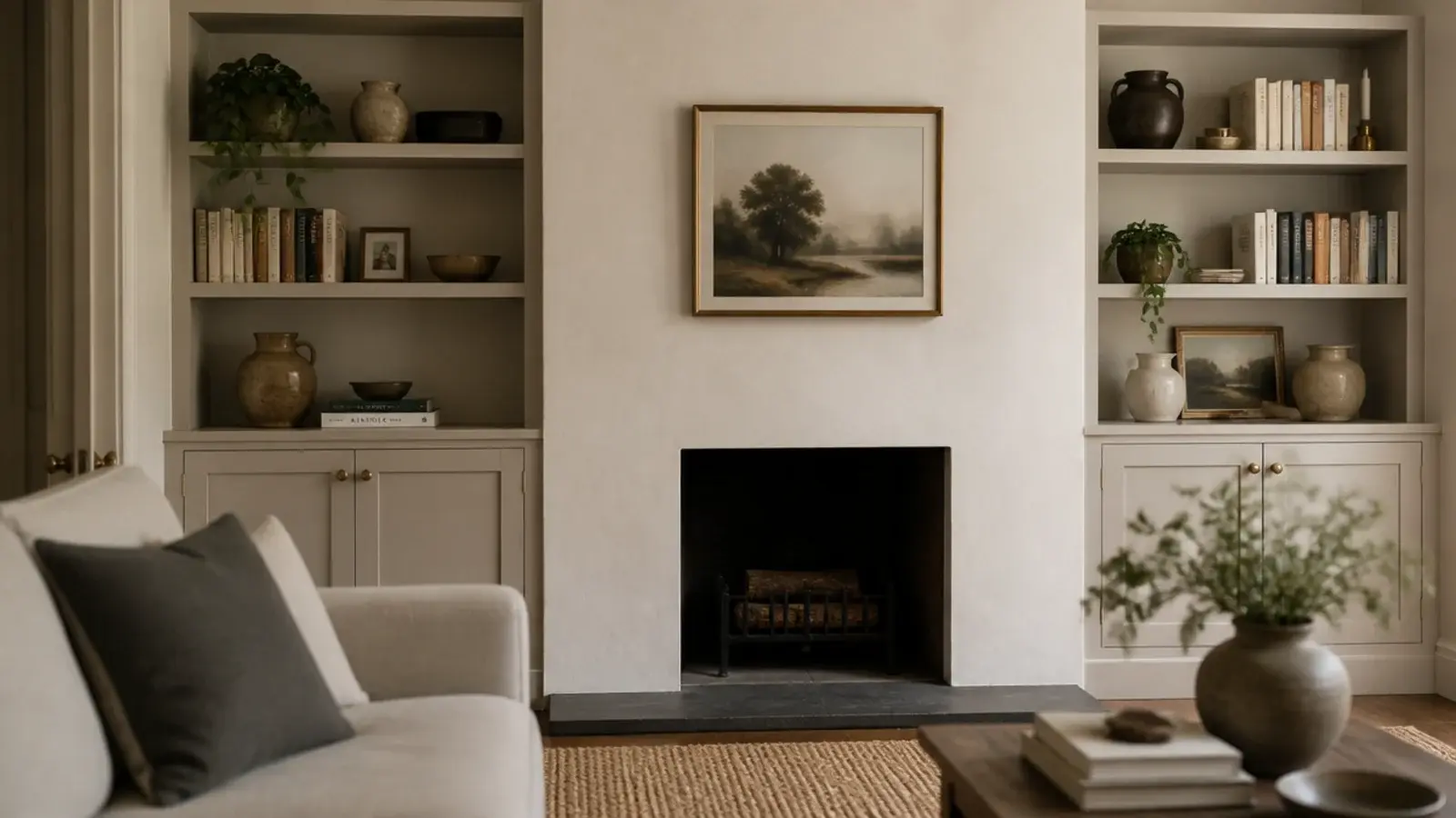 Built-in shelves in a small living room with cream alcove towers and books