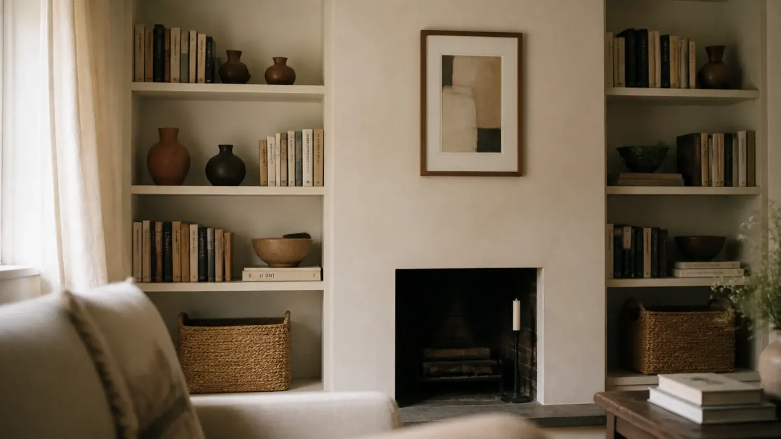 painted built-ins around a fireplace filling both alcoves in a small room