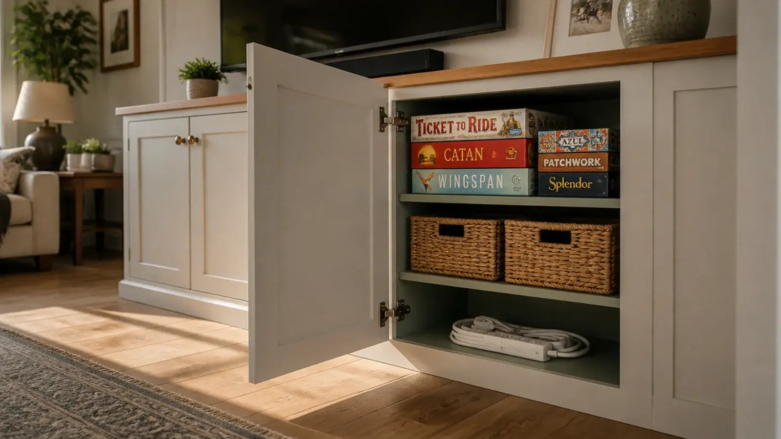 open cabinet door showing baskets and board games inside a living room built-in