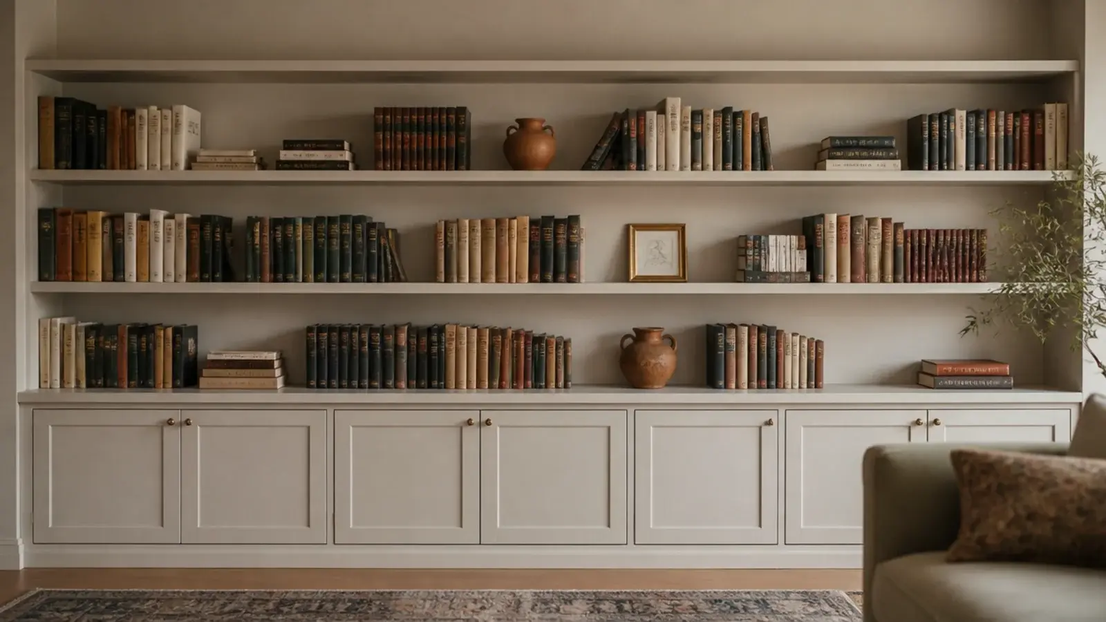 built-in run with closed lower cabinets and open shelving above in a living room