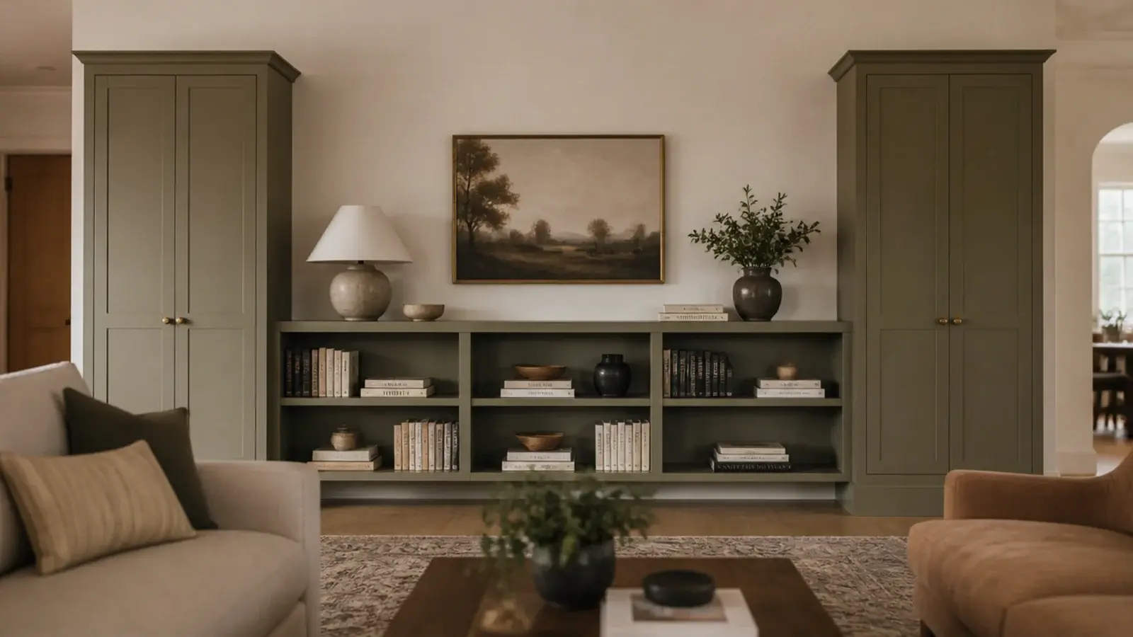 tall cabinet towers bookending a run of living room built-in shelving