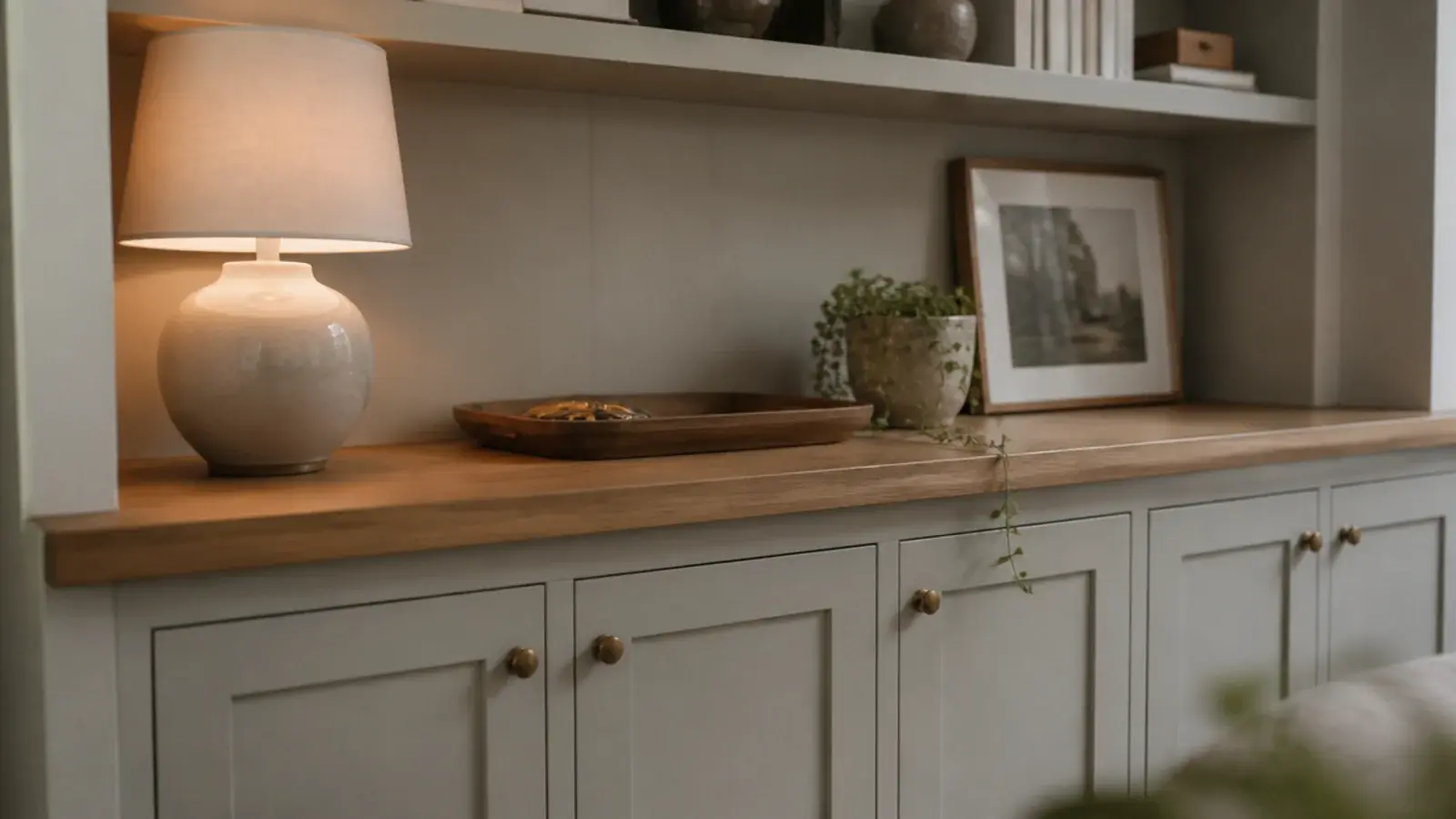 warm oak counter running between cabinet base and open shelves in built-ins