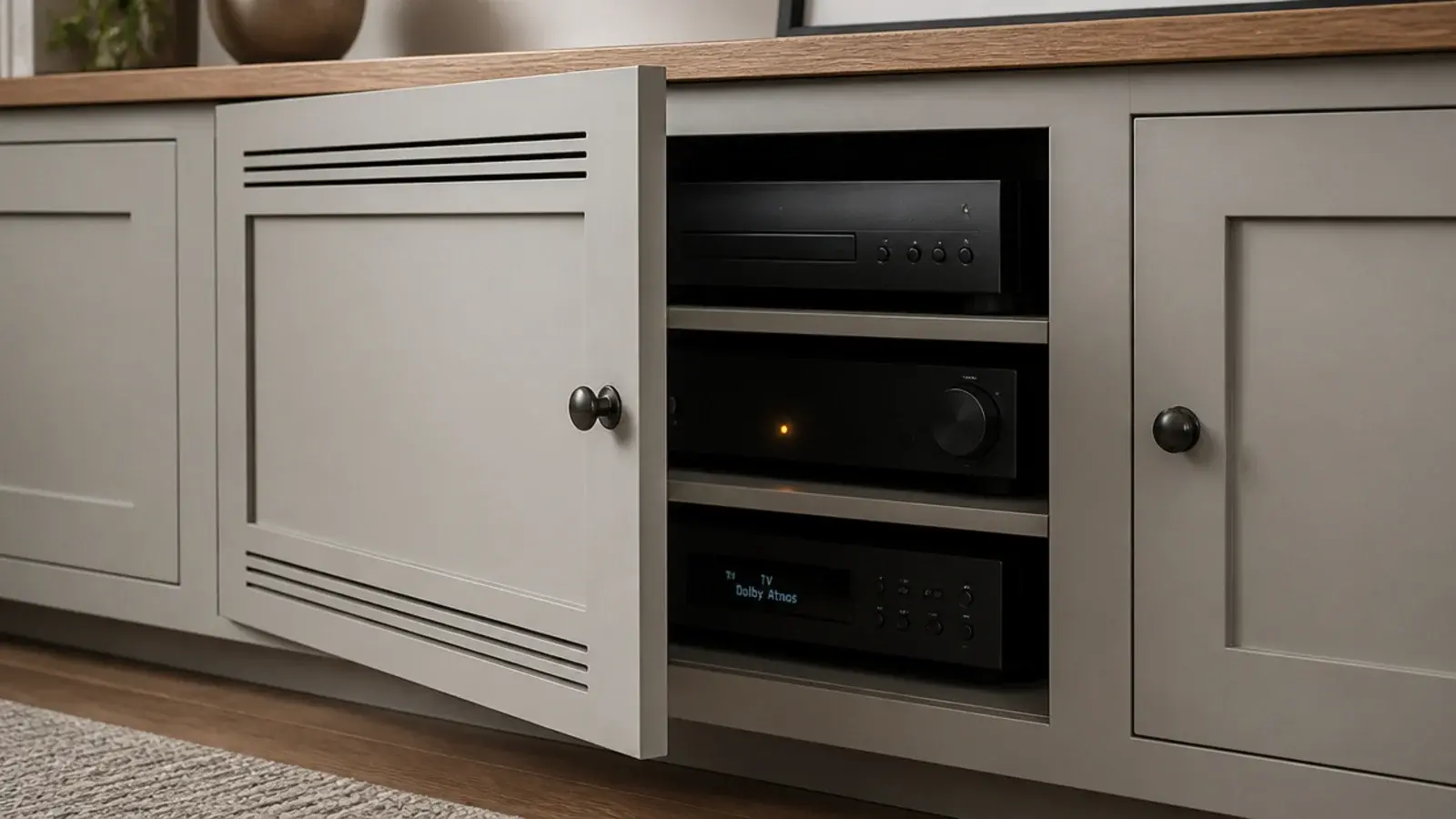 slotted vented cabinet door concealing media equipment in living room built-ins