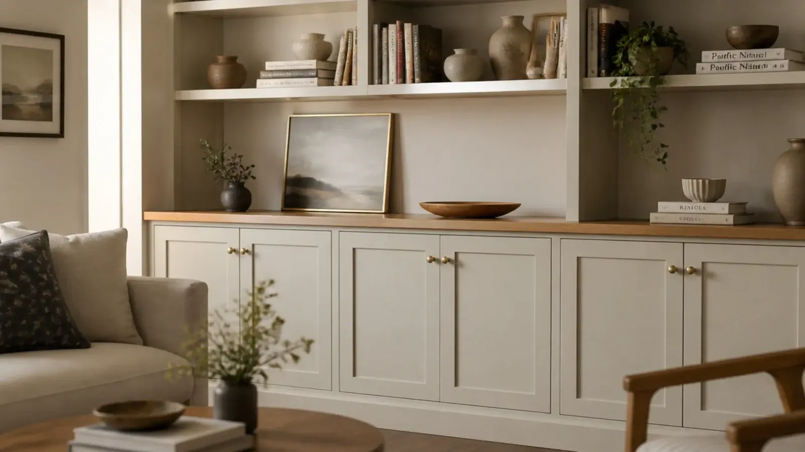 living room built-ins with cabinets below and open shelves above beside a fireplace