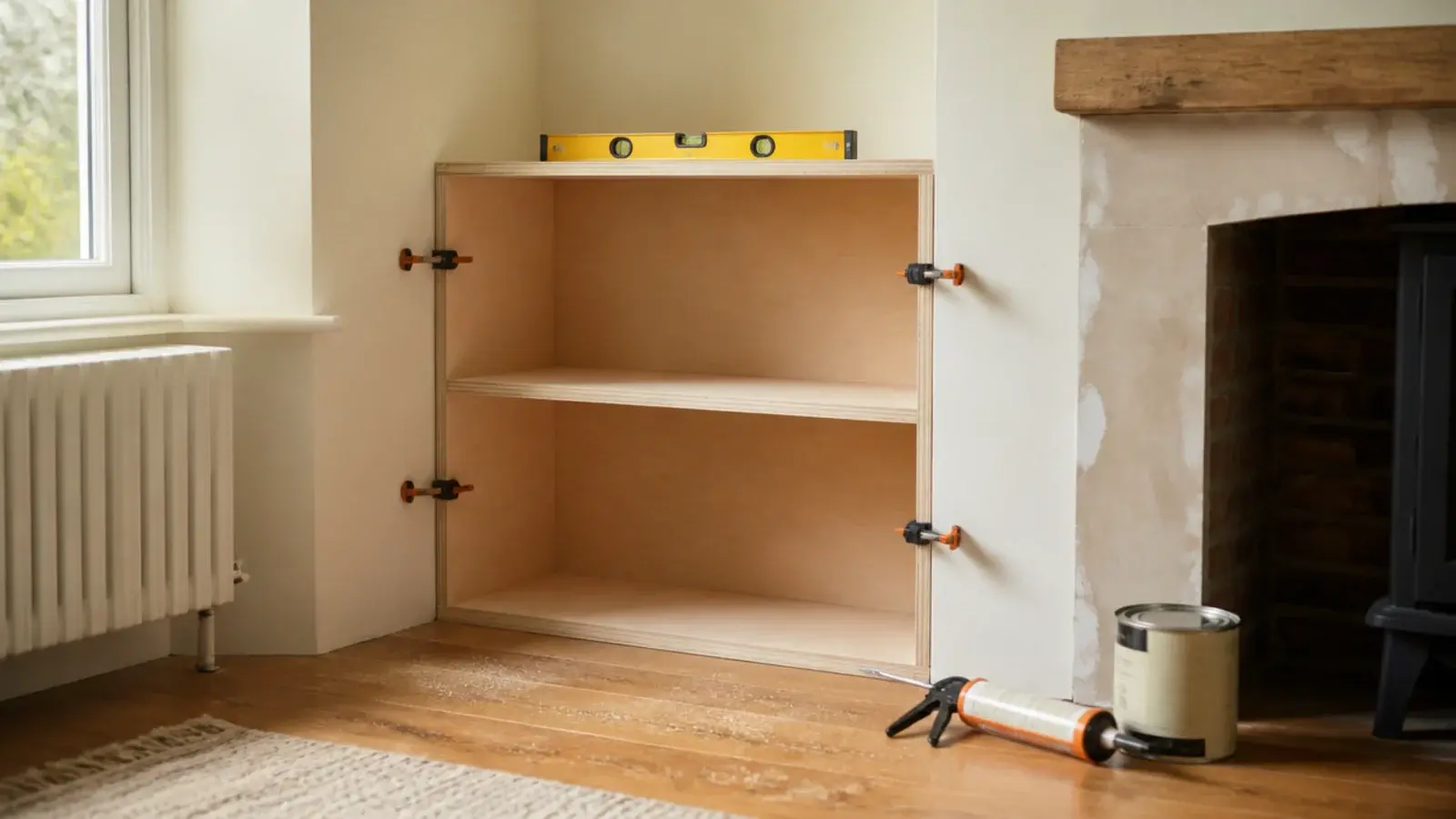half built plywood built in shelves clamped into an alcove awaiting paint