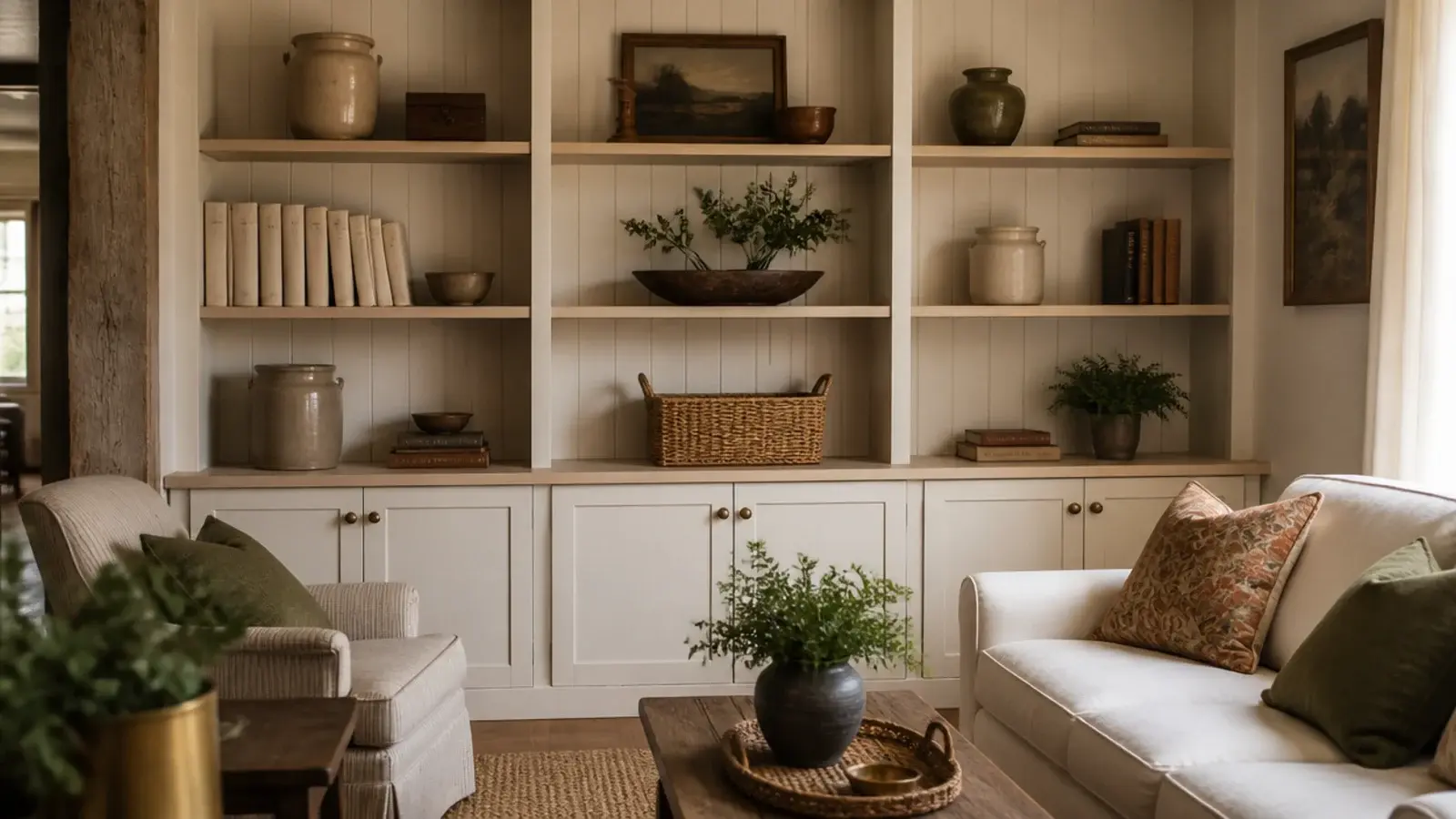 farmhouse built-in shelves with shiplap backs and cream paint in a living room