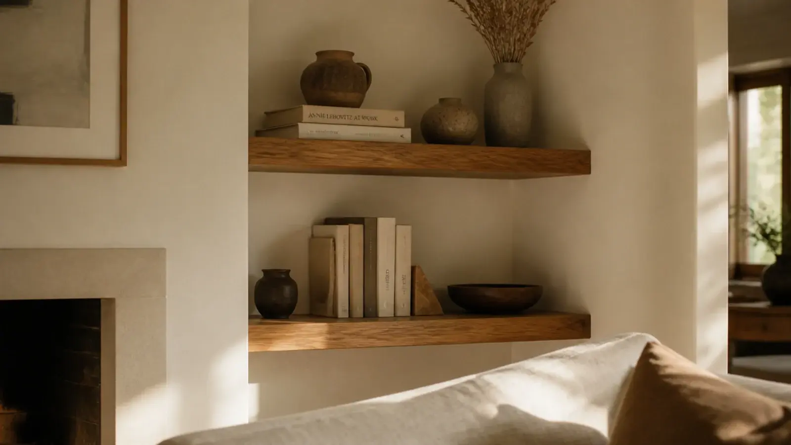 floating built-in shelves in a cream alcove holding stoneware books and dried grasses