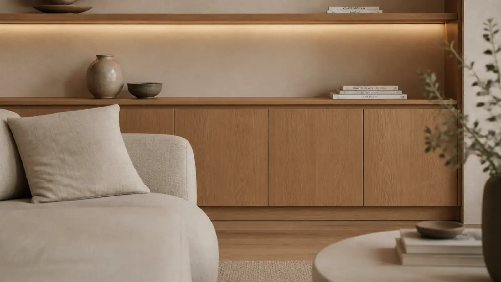 modern built in shelves in warm oak with hidden lighting above a low cabinet