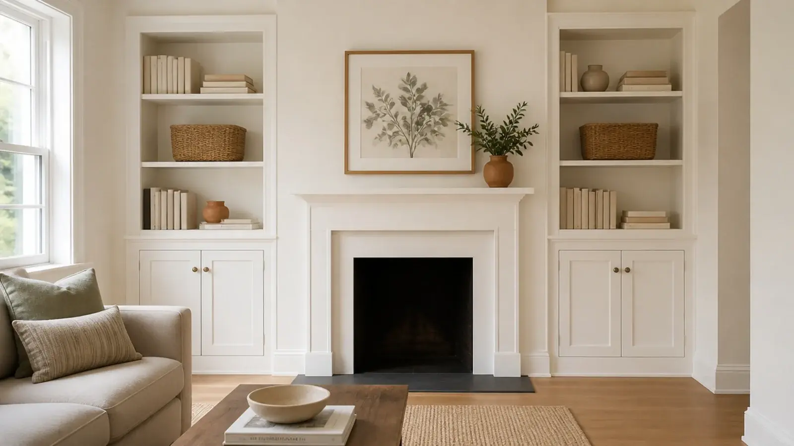 white built-in shelves flanking a rental living room fireplace with baskets and books