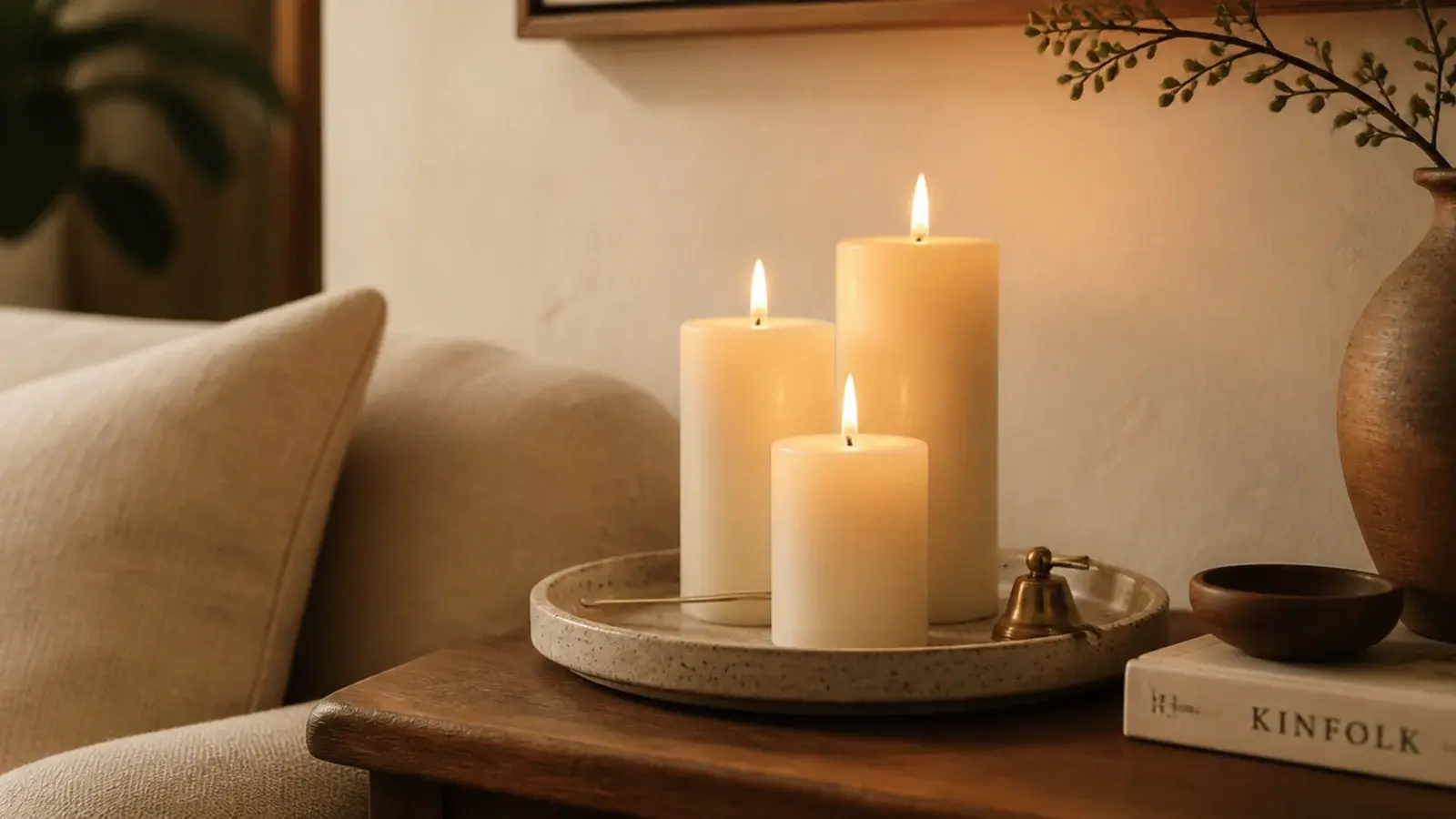 three aesthetic candle shapes glowing on a stoneware tray beside linen cushions
