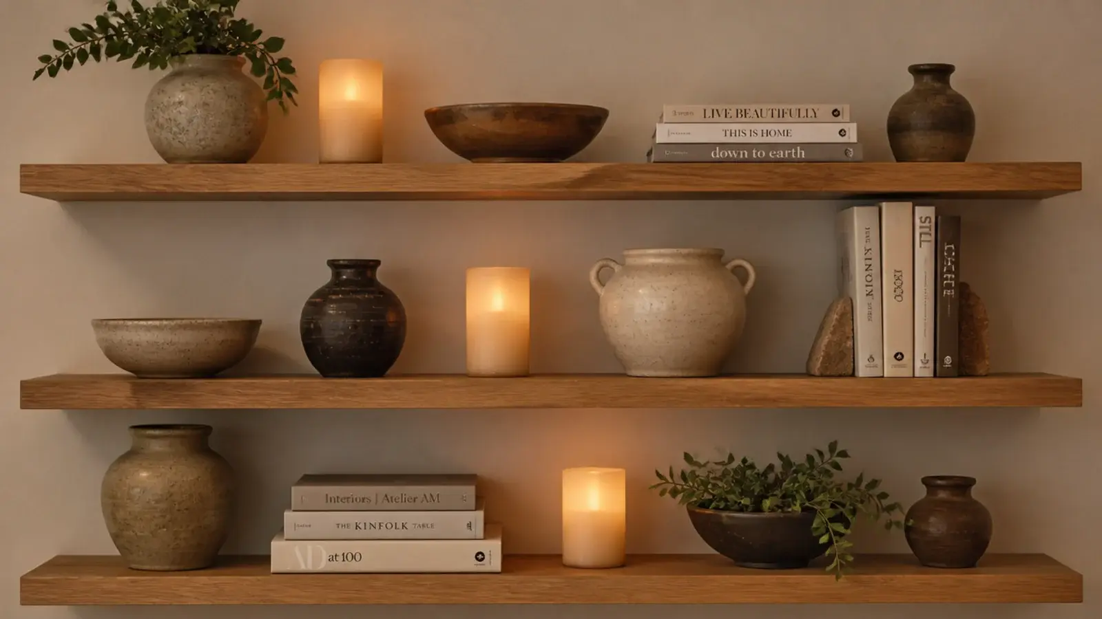 real wax flameless candles glowing across three tiers of open shelving