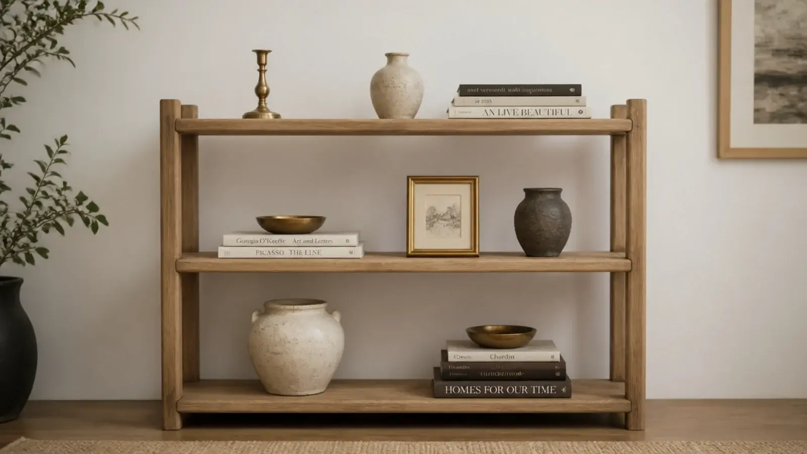 brass objects repeated on three separate shelves of one unit
