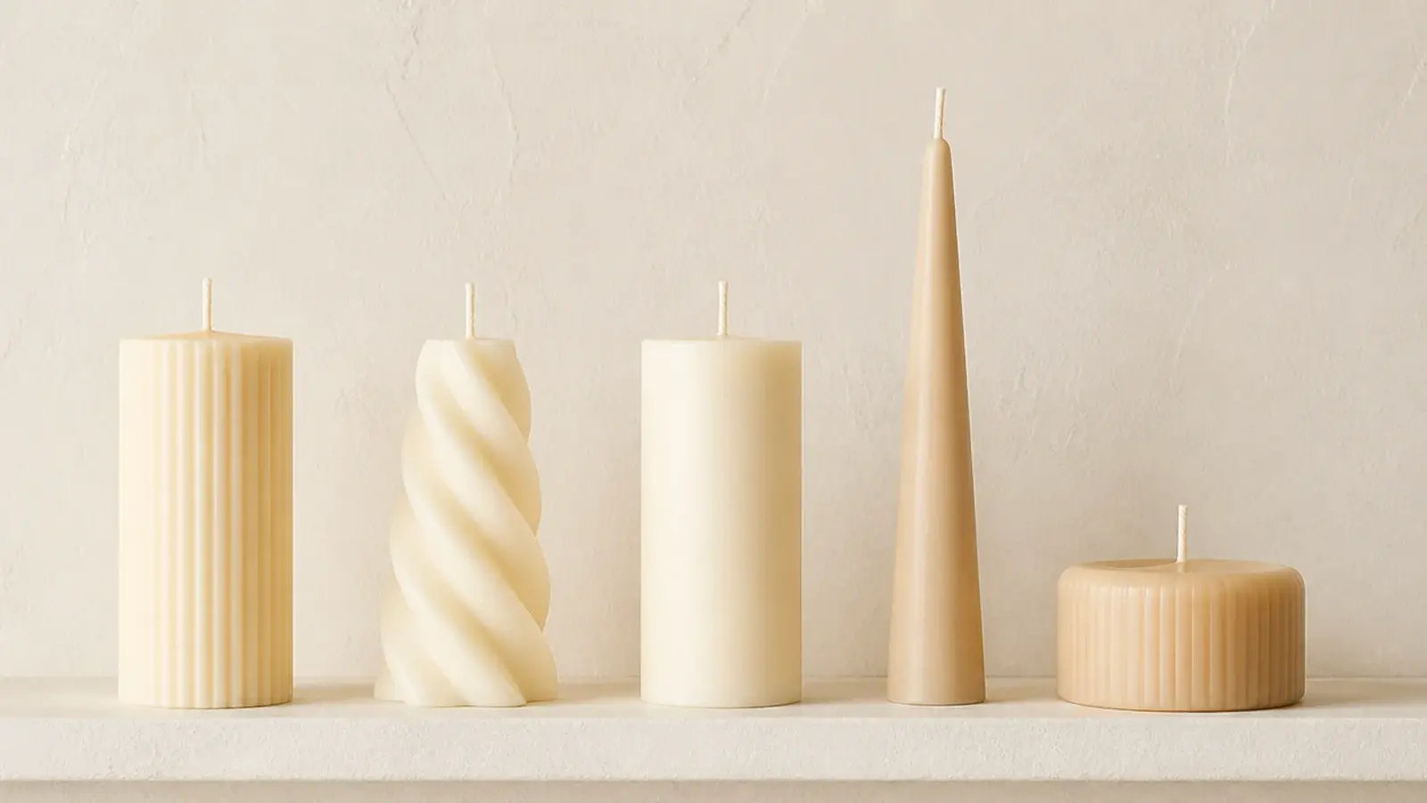 ribbed twisted and smooth candles in cream tones across a shelf