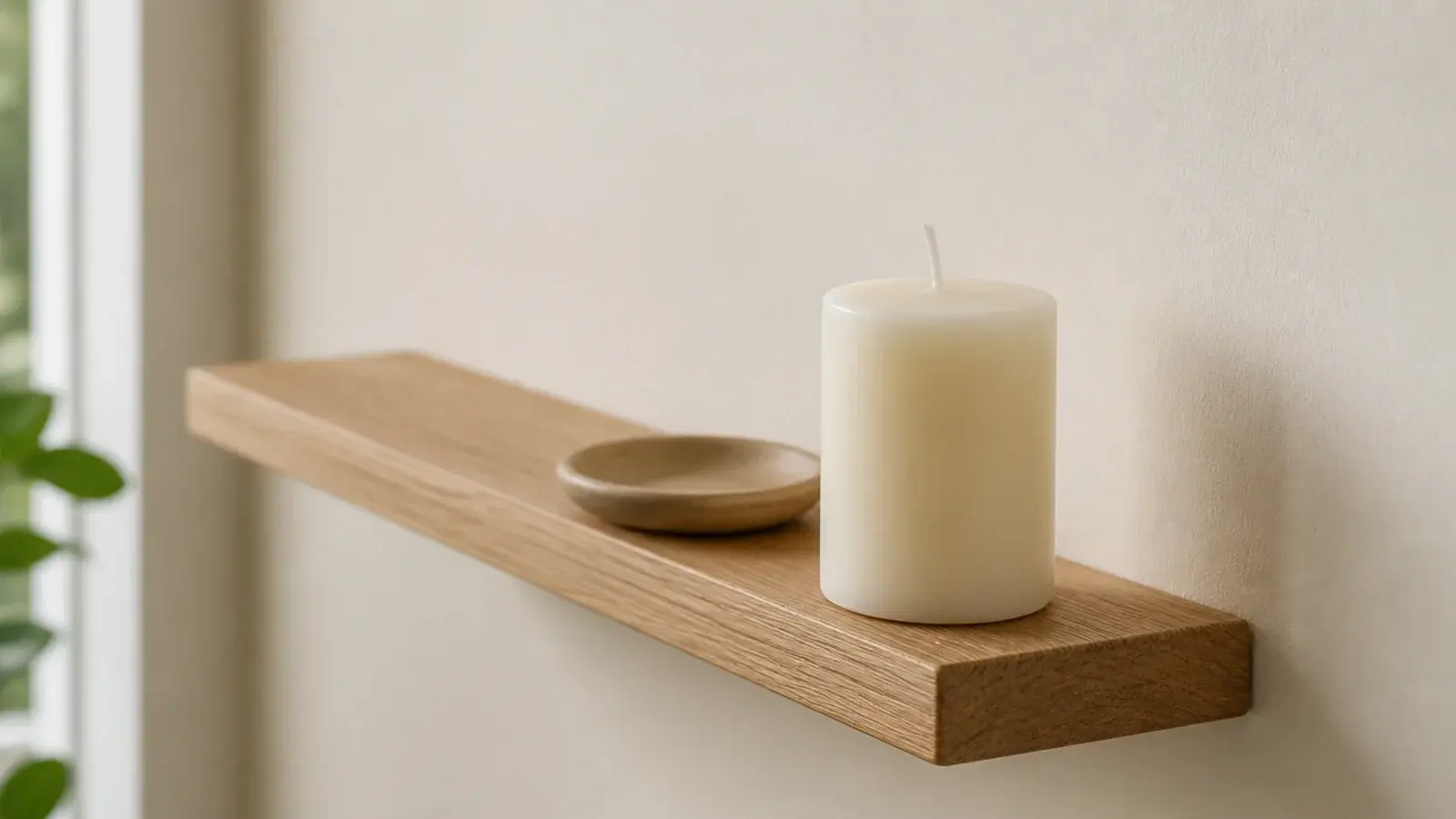 candle pulled forward from the wall on a narrow floating shelf