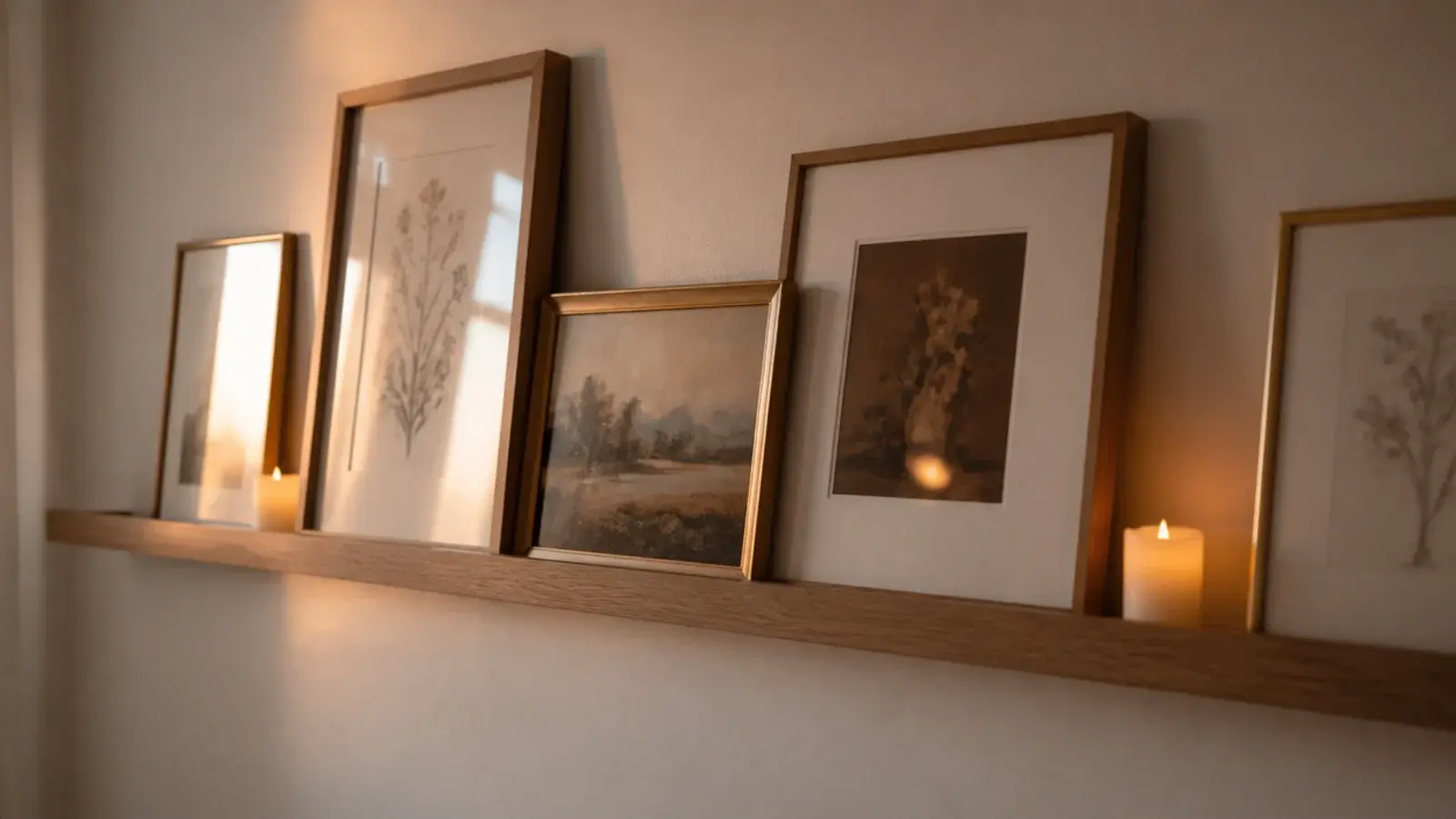 picture ledge with leaning art and small flameless candles between frames