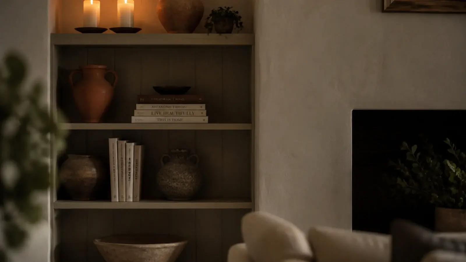 alcove shelving beside a chimney breast styled with candles and pottery