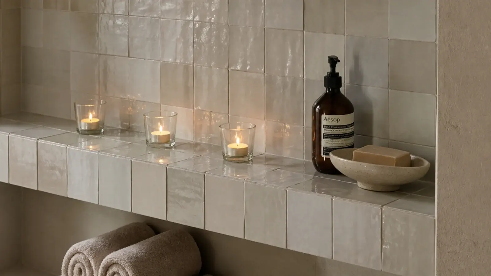 small votive candles glowing on a tiled bathroom shelf near towels