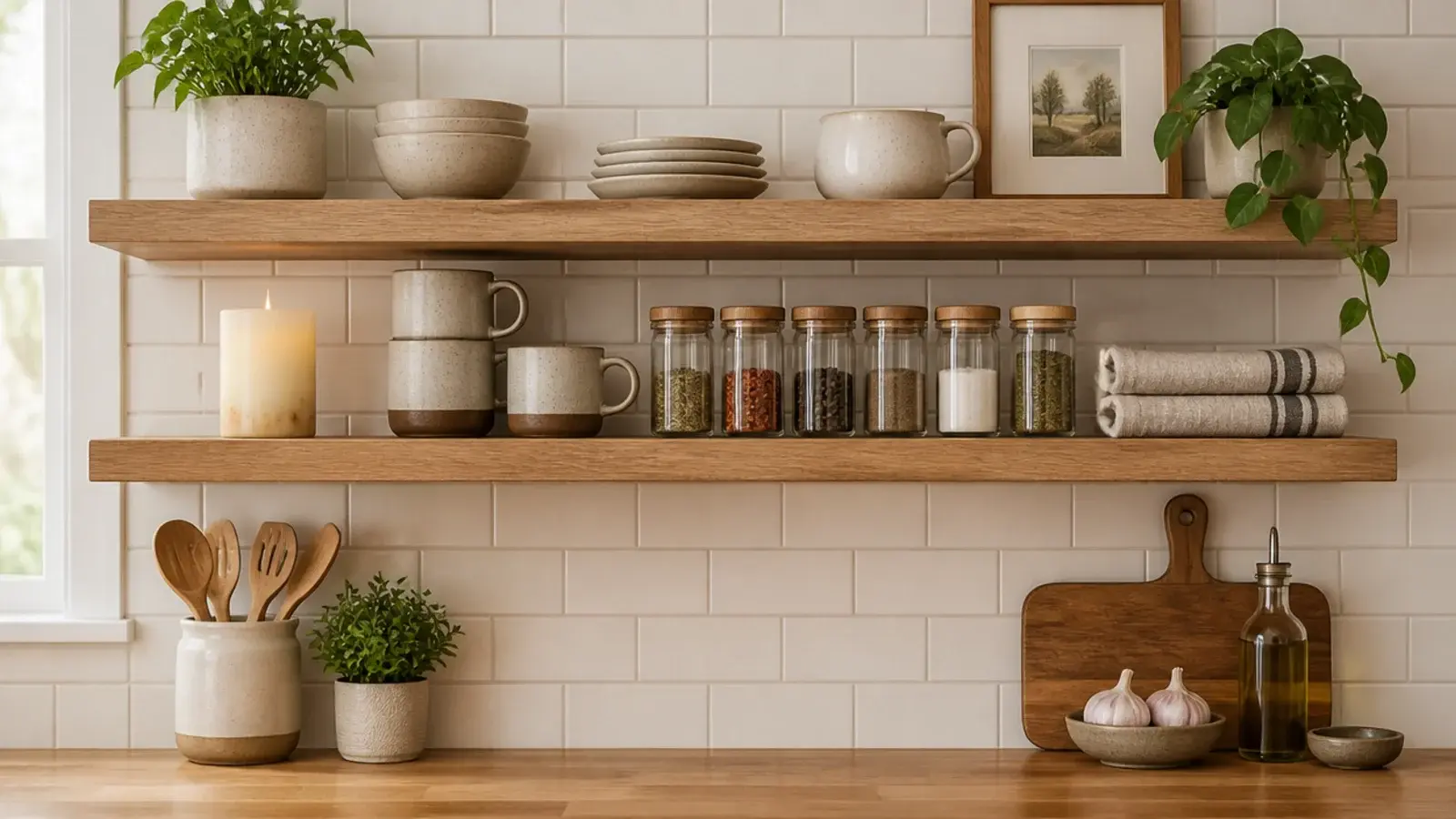 flameless candle glowing on kitchen open shelving beside ceramic mugs
