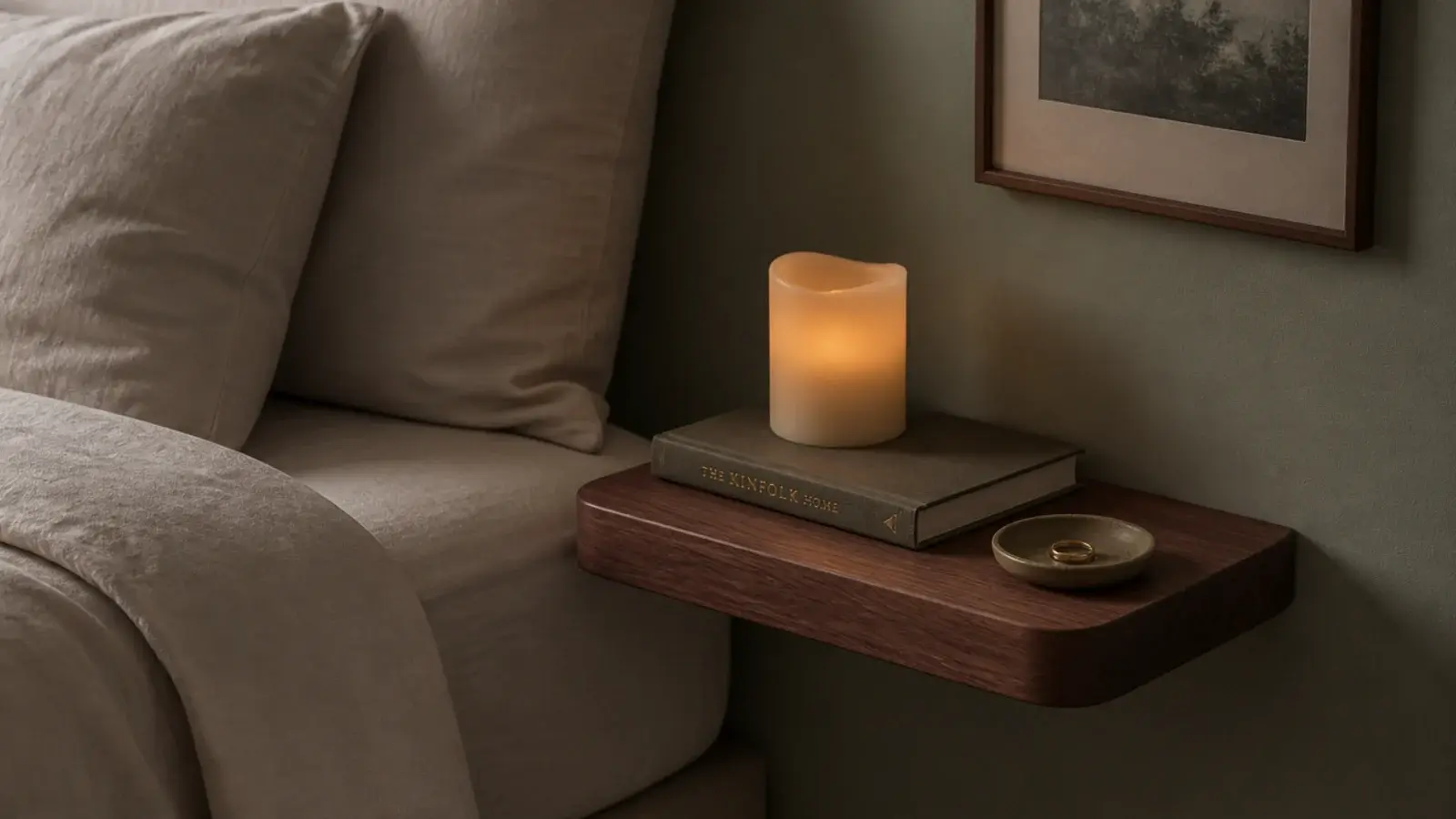 floating bedside shelf with a flameless candle book and small dish
