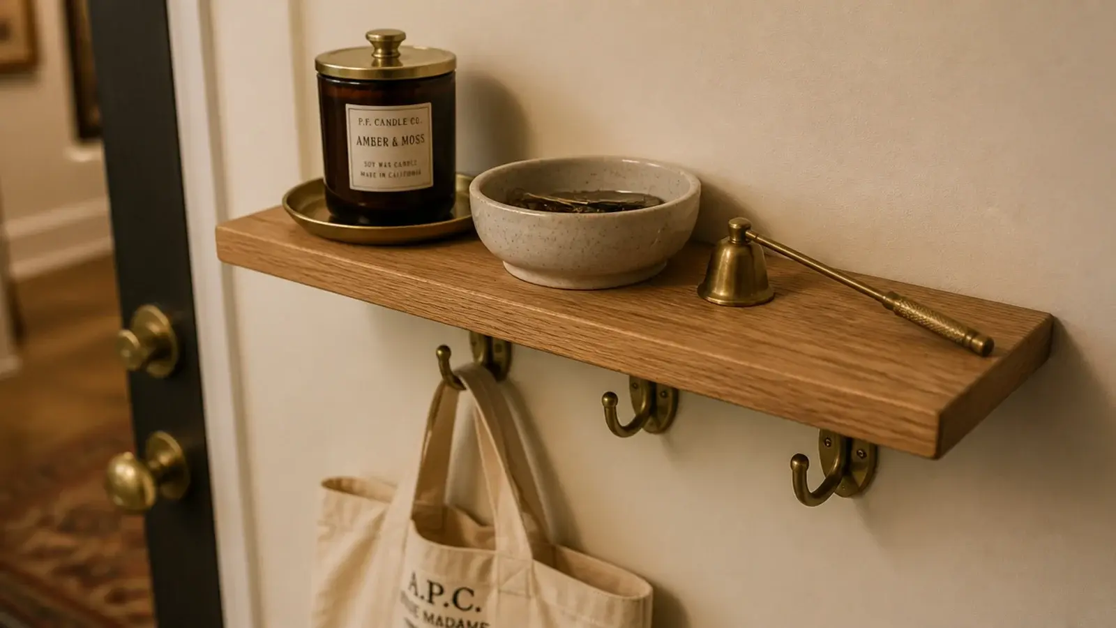 entry shelf holding a scented candle key bowl and brass snuffer