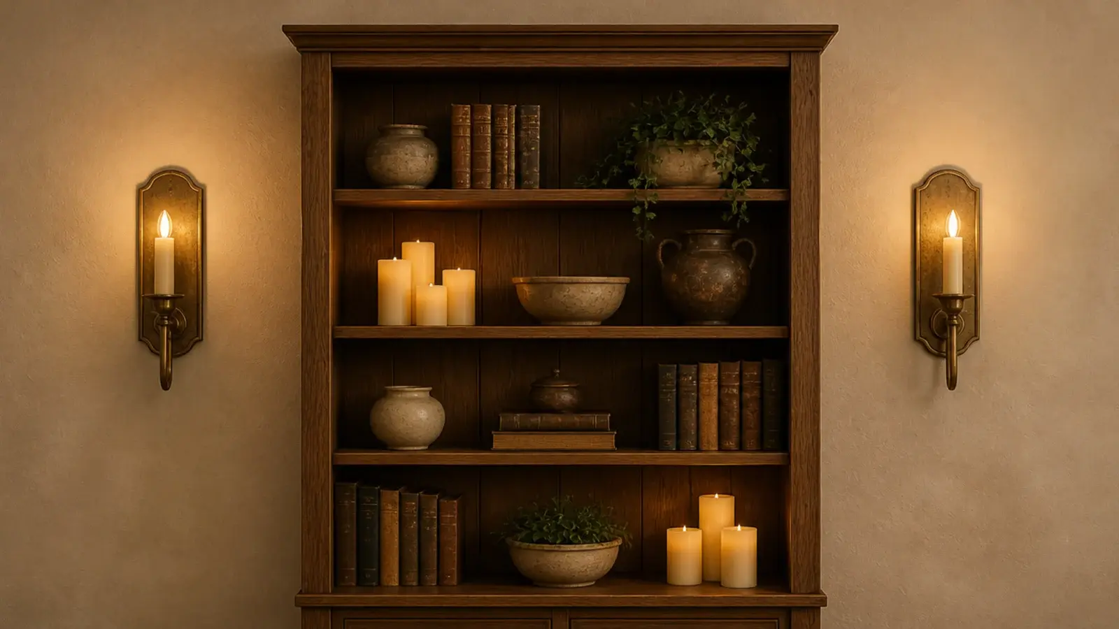 brass candle sconces flanking a shelving unit with flameless pillars