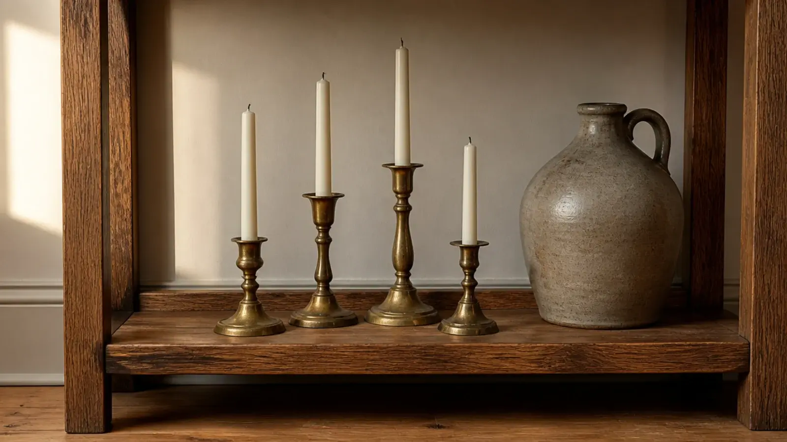 row of thrifted brass candlesticks arranged on a low shelf tier