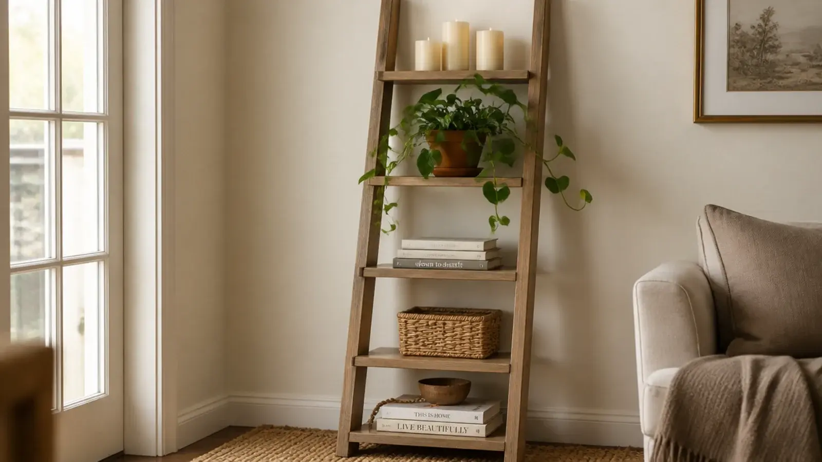 leaning wooden ladder shelf styled with candles pottery and plants