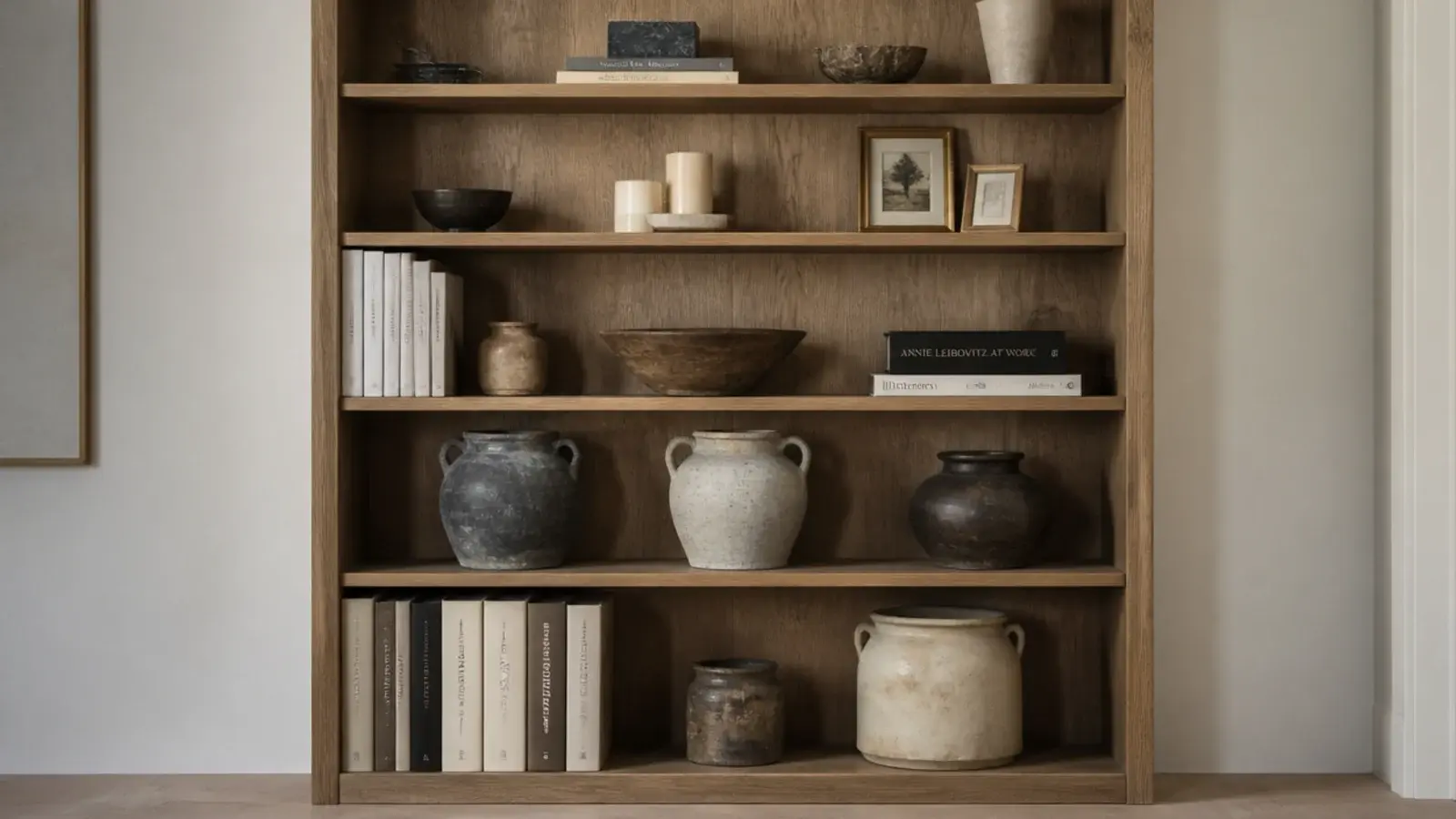 heavy stoneware and books loaded on the lowest shelves of a unit