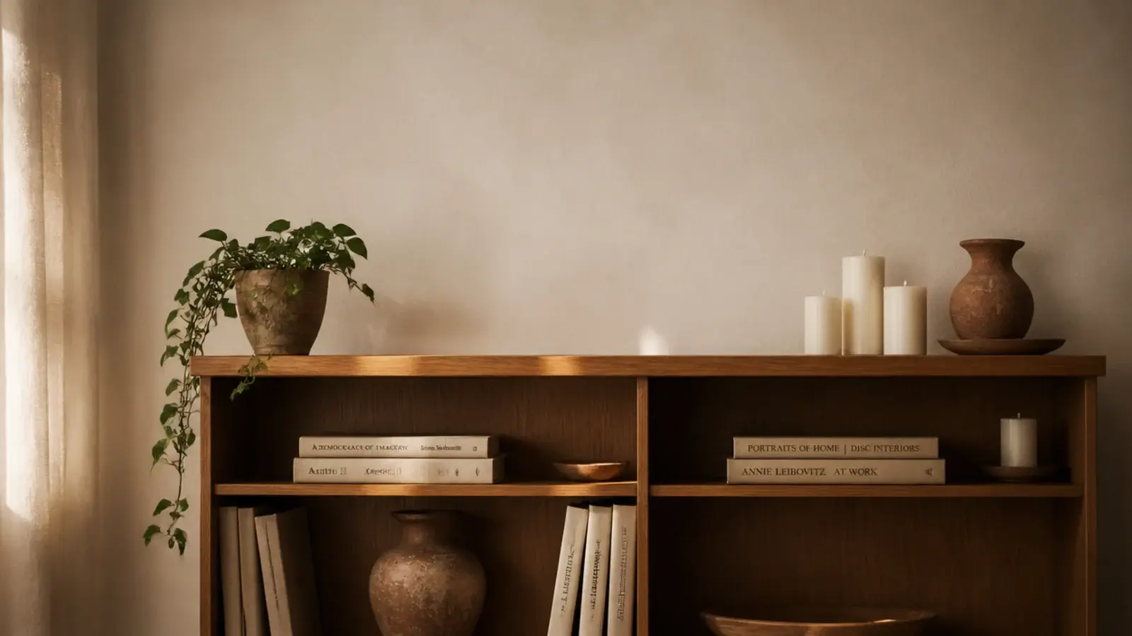 aesthetic candle shelf styled with flameless pillars pottery and stacked books