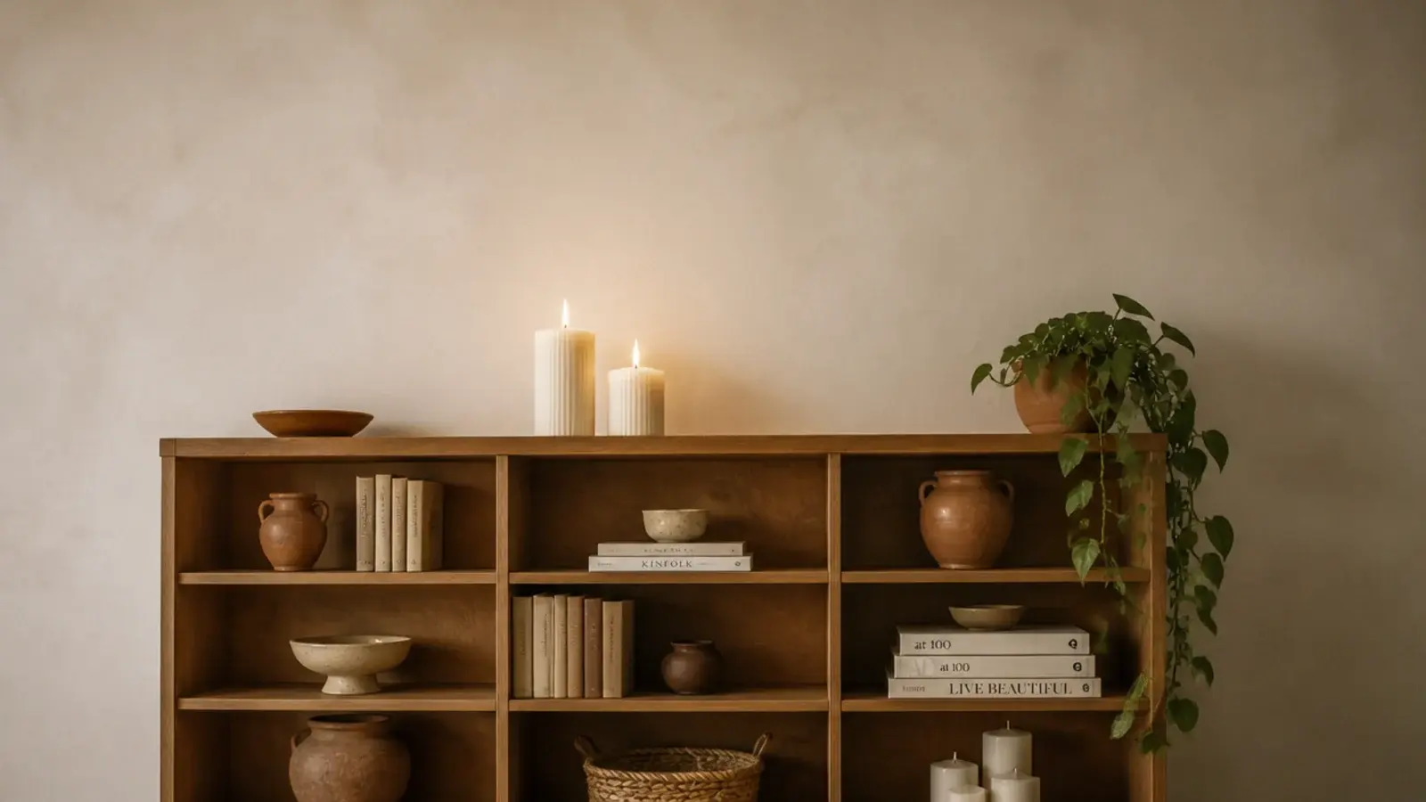 vertical view of a styled candle shelf with pottery books and glow