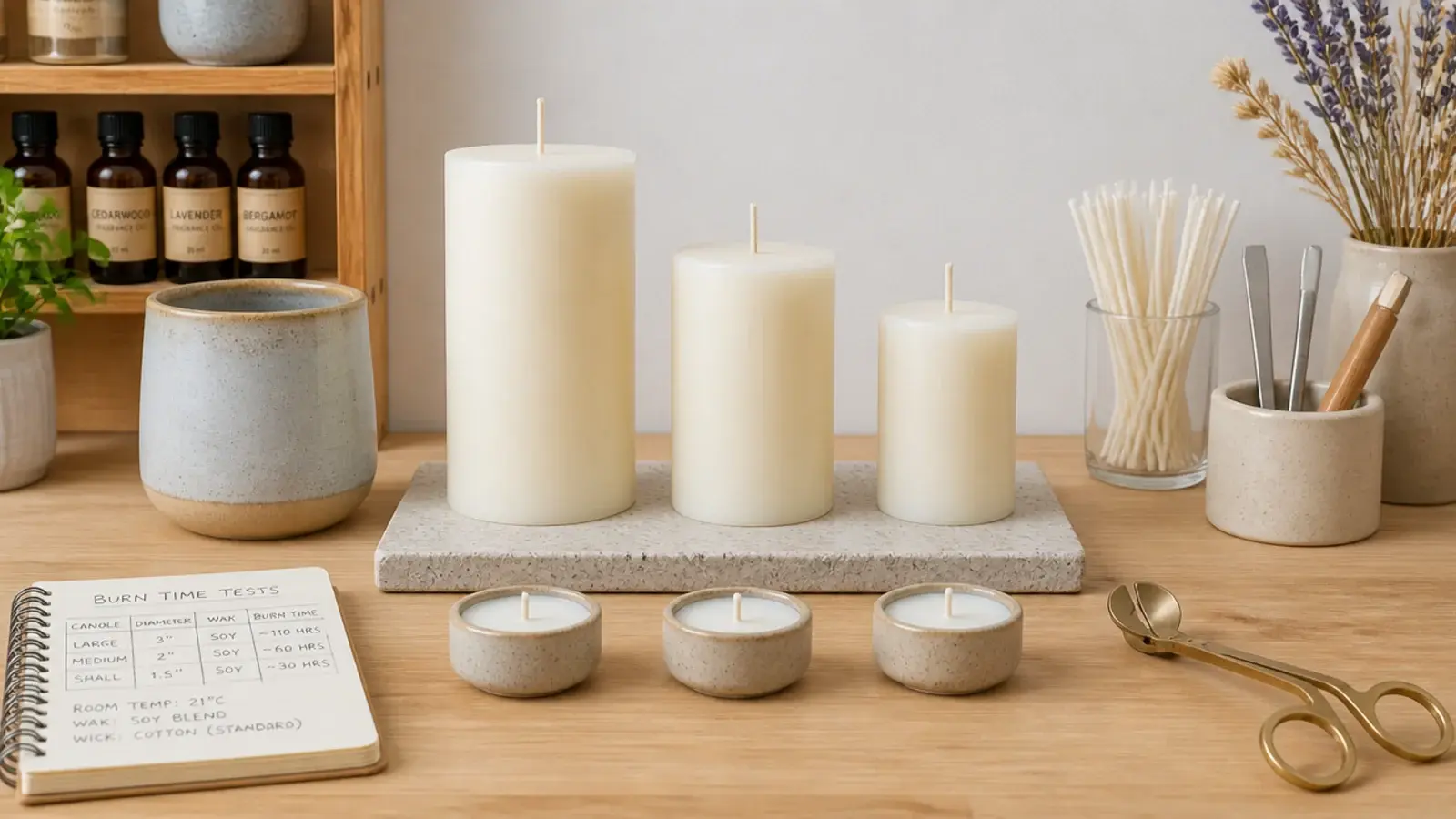 testing bench with candle samples a wick trimmer and a burn timing notebook