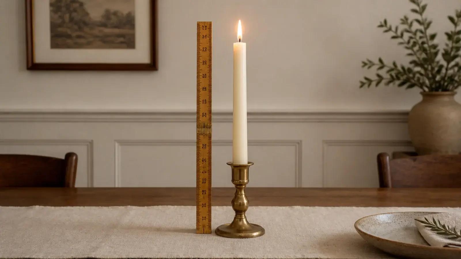 ruler measuring the height of a lit candle centerpiece from the tabletop